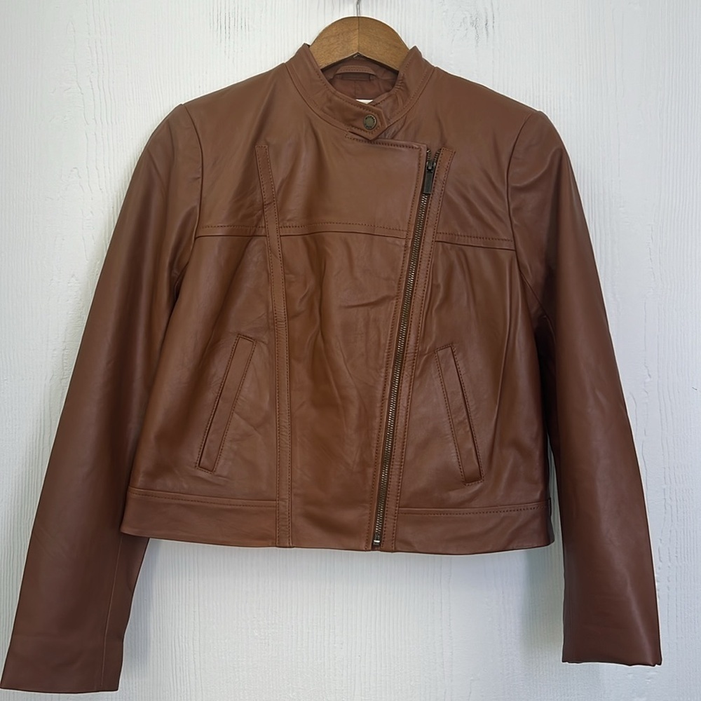 Michael Kors - Brown Leather Asymmetrical Zip Lined Long Sleeve Moto Jacket Med - Picture 10 of 12